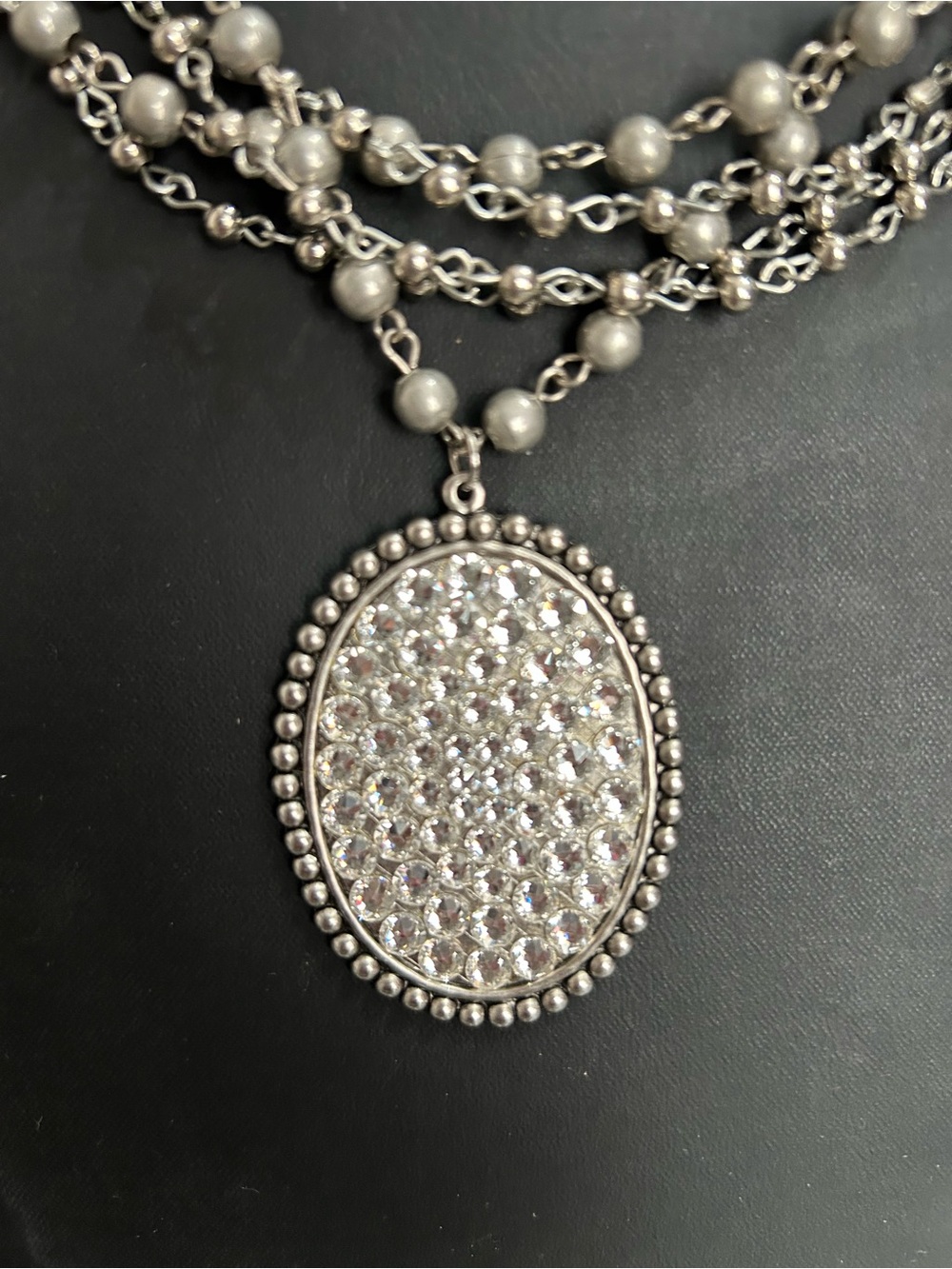 Pink Panache Silver-Tone Multi-Strand Beaded Necklace with Crystal Oval Pendant - Picture 2 of 4